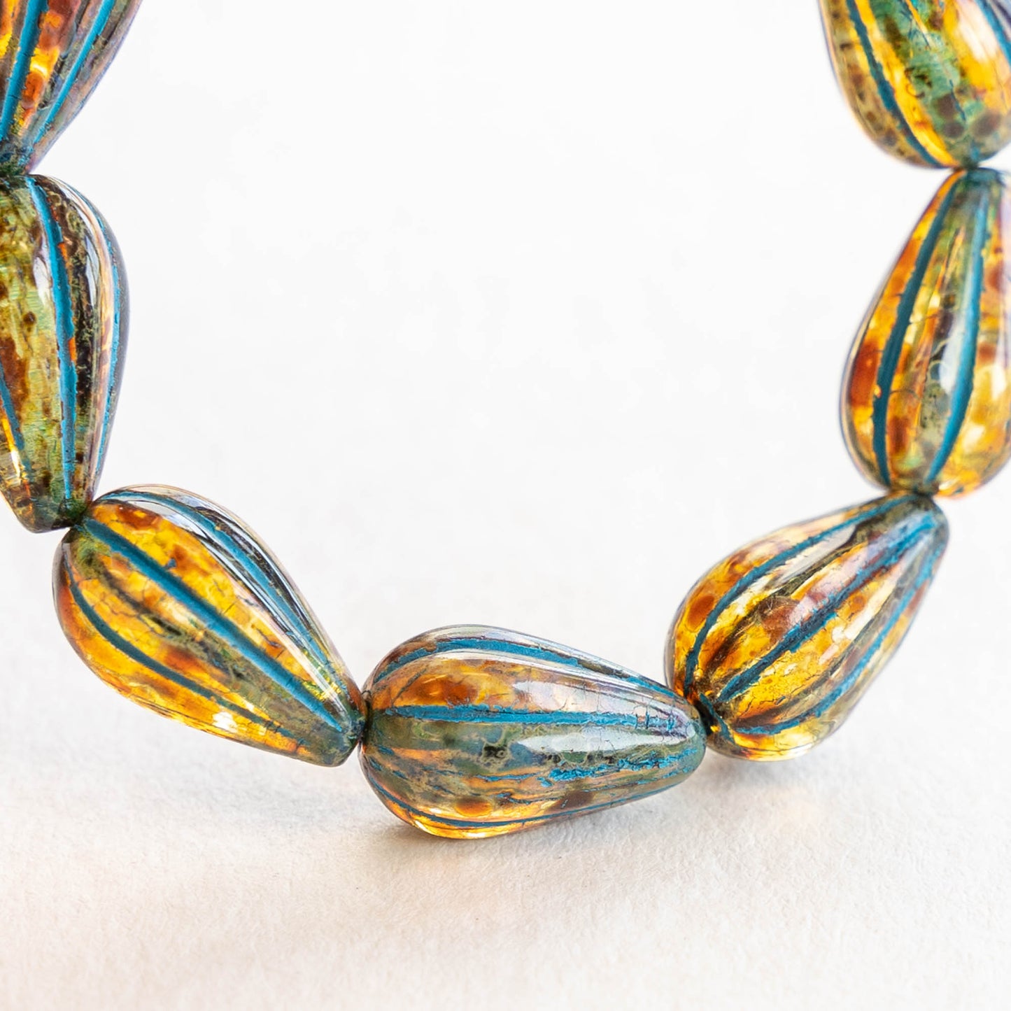 8x13mm Melon Drop - Amber Picasso and Aqua Blue - 10 Beads