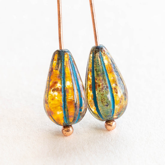 Load image into Gallery viewer, 8x13mm Melon Drop - Amber Picasso and Aqua Blue - 10 Beads
