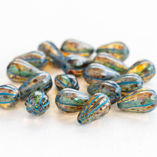 8x13mm Melon Drop - Amber Picasso and Aqua Blue - 10 Beads
