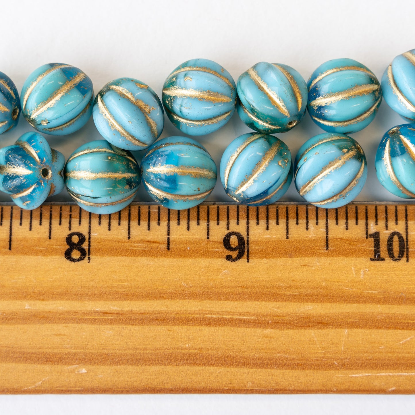 12mm Melon Beads - Blue Green Mix With Gold Wash- 15 Beads