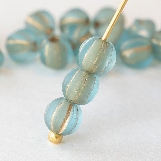 Load image into Gallery viewer, 6mm Melon Beads - Large Hole - Seafoam with Gold Wash - 50 Beads
