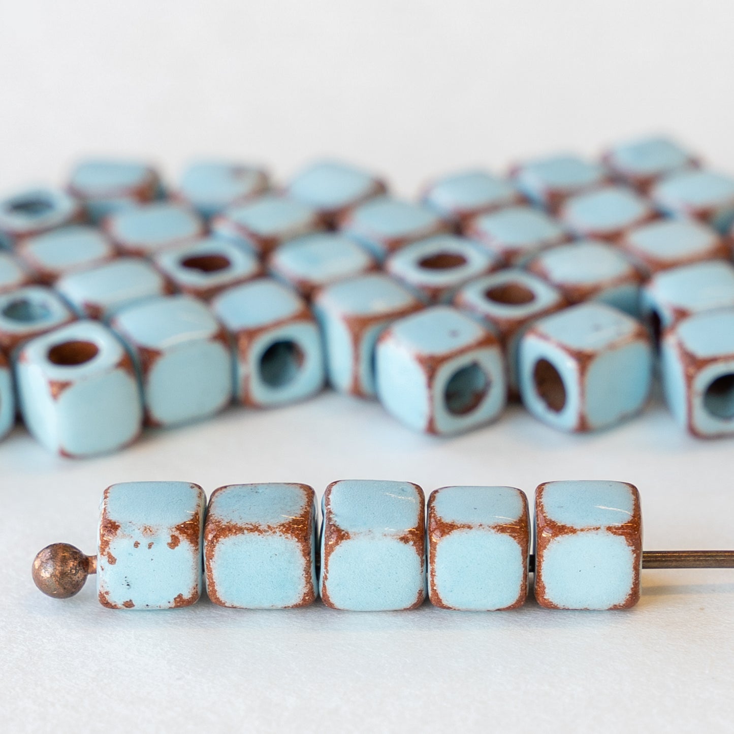 5.5mm Shiny Cube Beads - Baby Blue on Terra Cotta - 10 or 30 beads