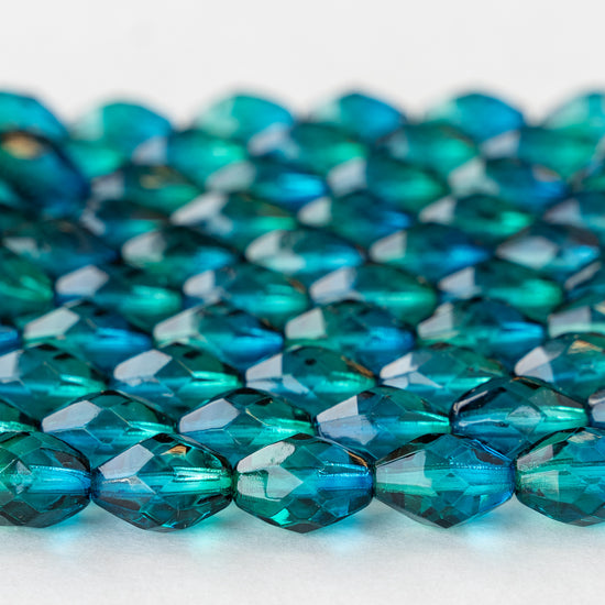 12x8mm Firepolished Glass Oval Beads - Aqua Green Mix - 10 Beads