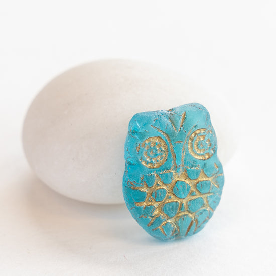 Glass Owl Beads - Aqua with Gold Wash - 4, 8, or 12