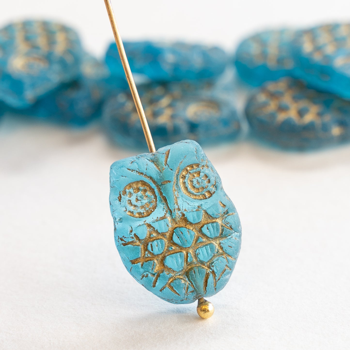 Glass Owl Beads - Aqua with Gold Wash - 4, 8, or 12