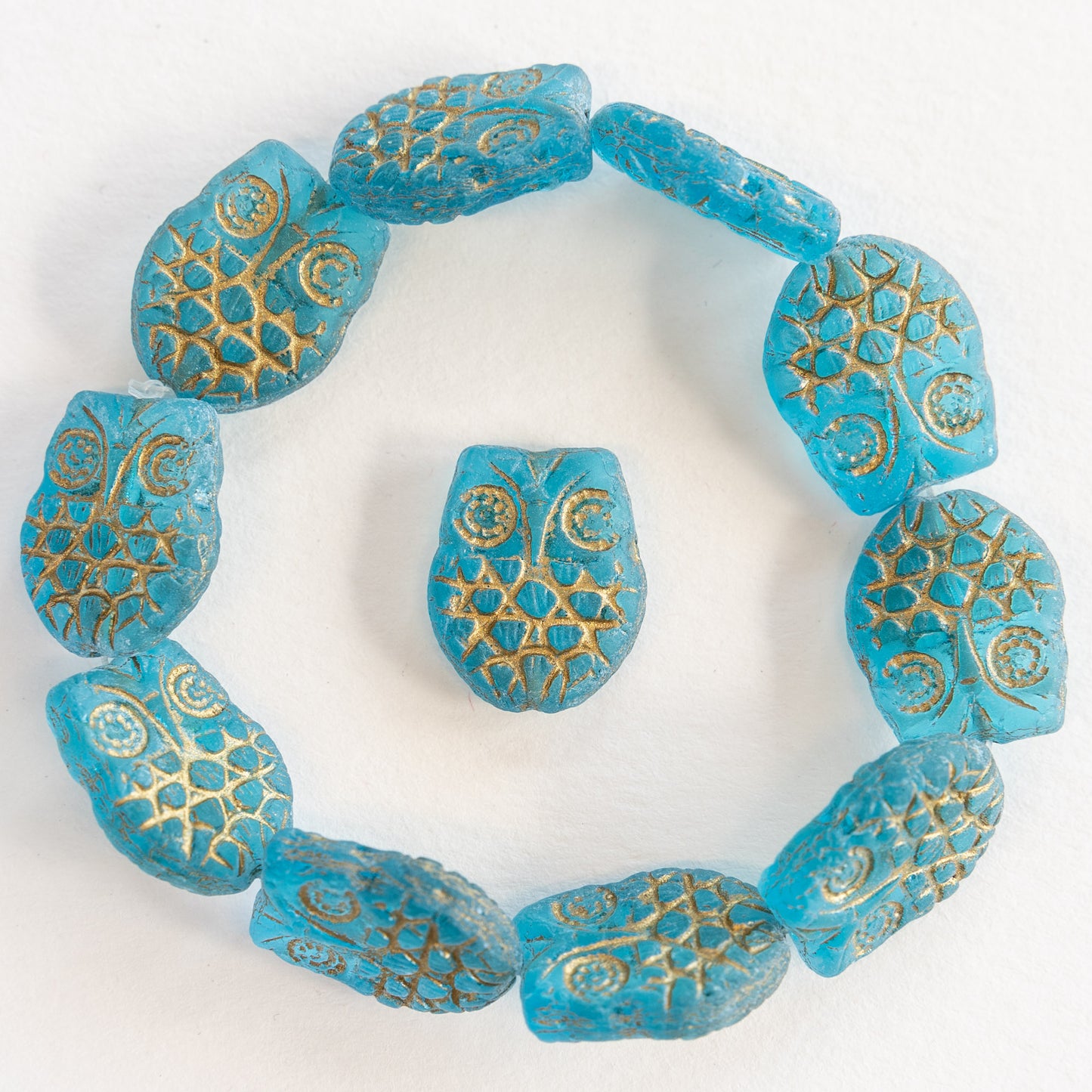 Glass Owl Beads - Aqua with Gold Wash - 4, 8, or 12