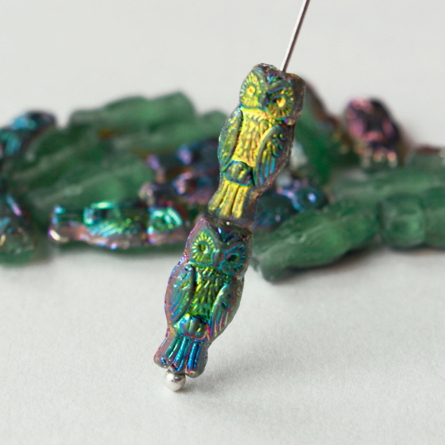 Owl Beads!!! - 14mm - Celadon Green with Metallic Vitrail - 10