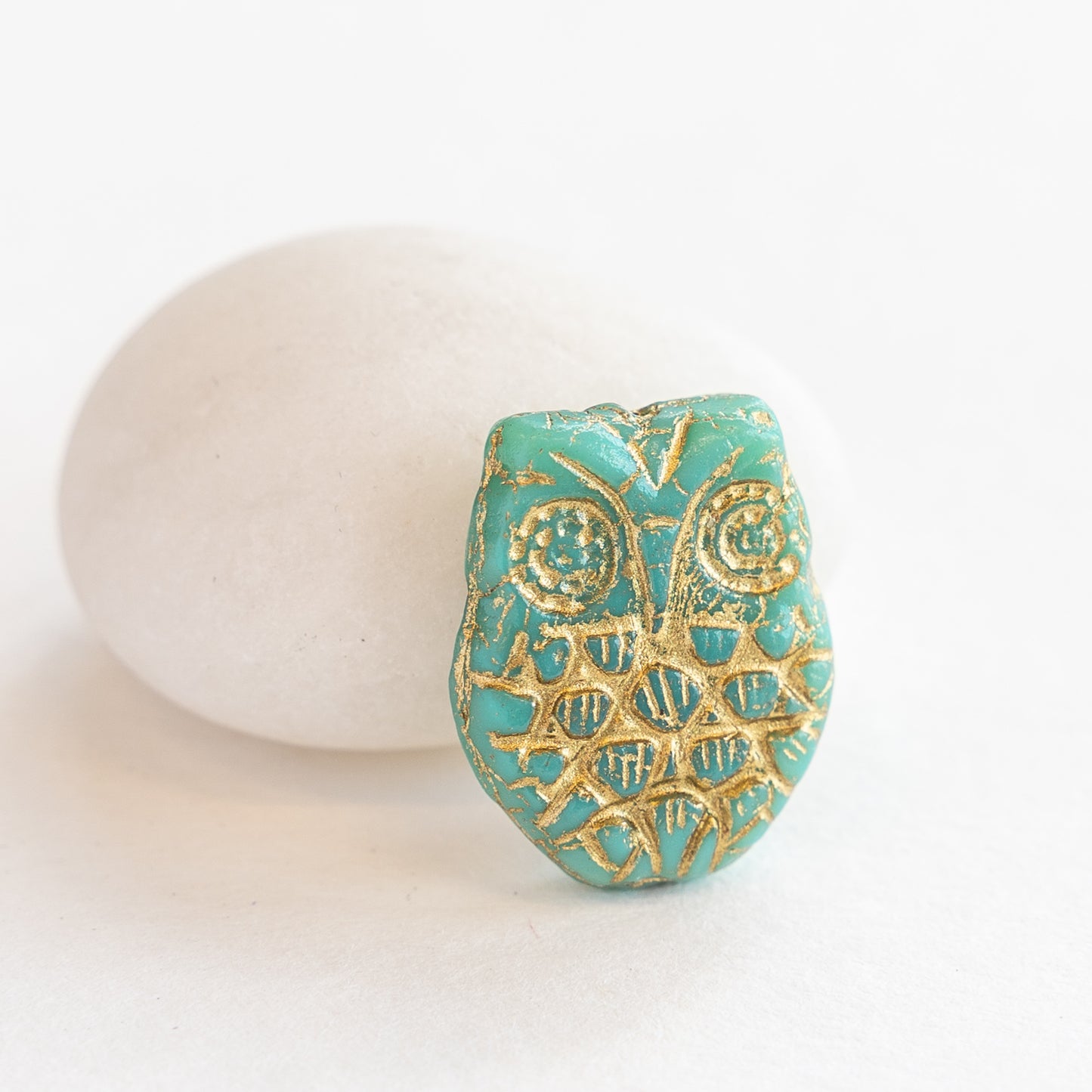 Glass Owl Beads - Turquoise with Gold Wash - 4 Beads