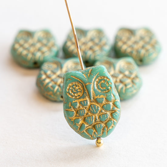 Glass Owl Beads - Turquoise with Gold Wash - 4 Beads