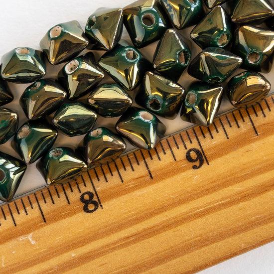 Shiny Glazed Ceramic Oxyhedron Beads - Gold & Forest Green