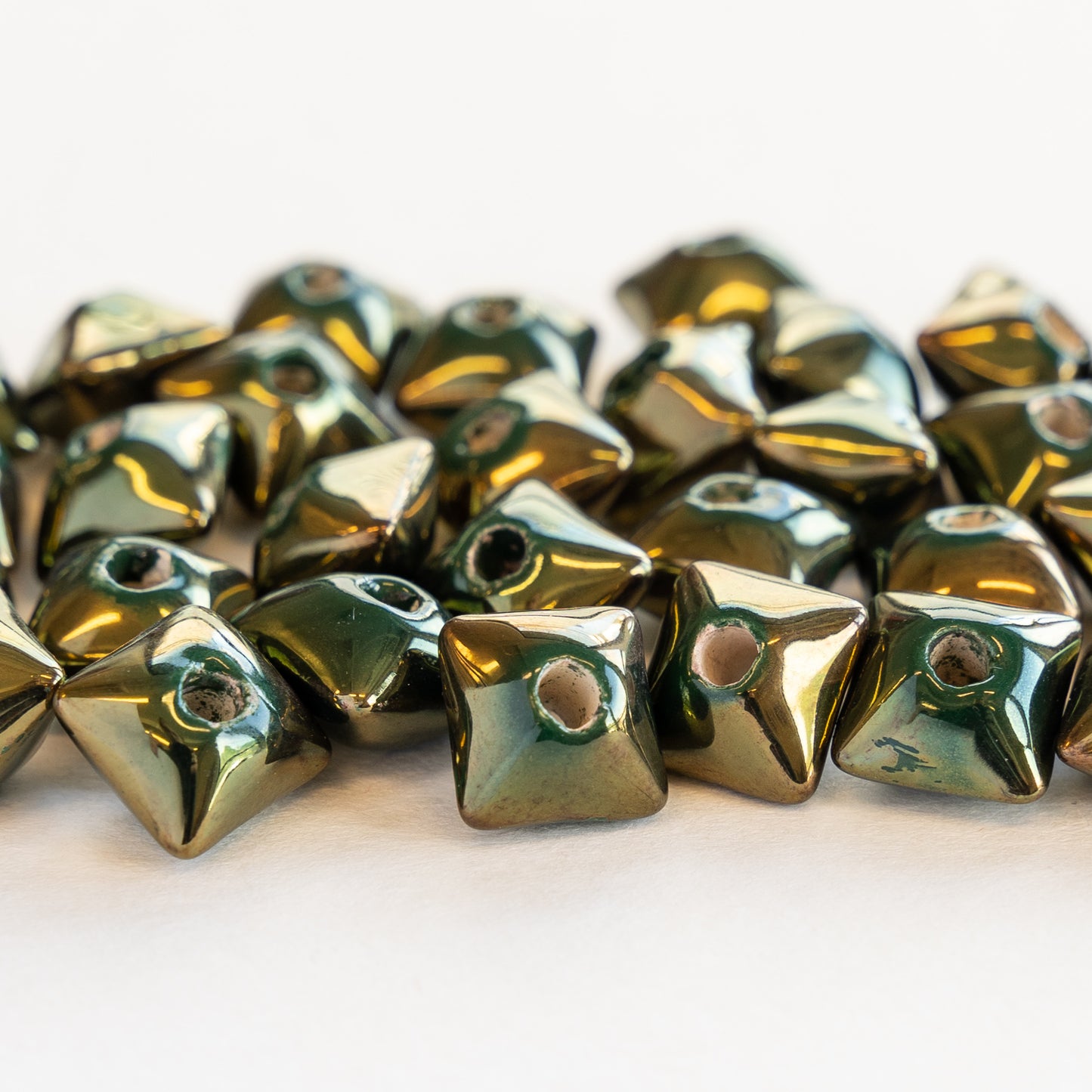 Shiny Glazed Ceramic Oxyhedron Beads - Gold & Forest Green
