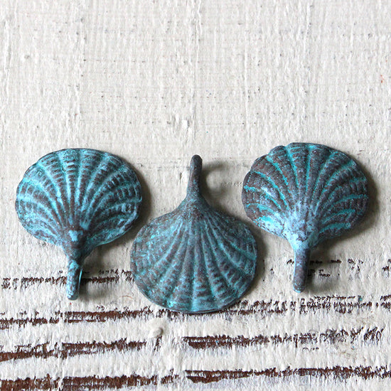 15mm Mykonos Metal Scallop Shell Beads - Green Patina - 6 or 18
