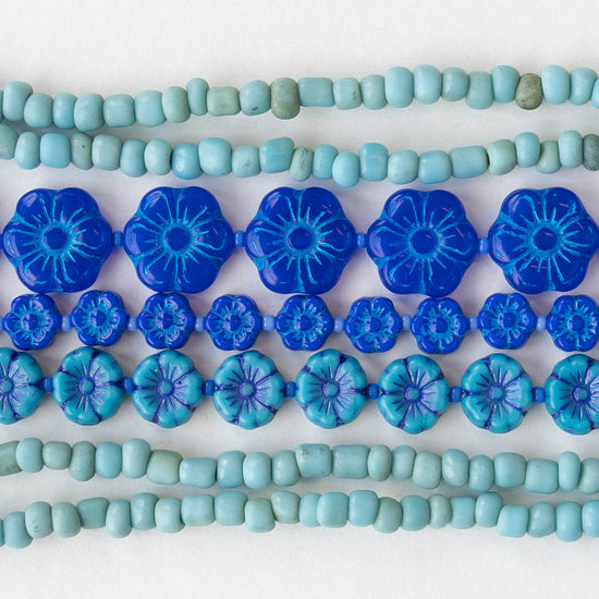 6mm Glass Flower Beads - Royal Blue with Blue Wash - 30 beads