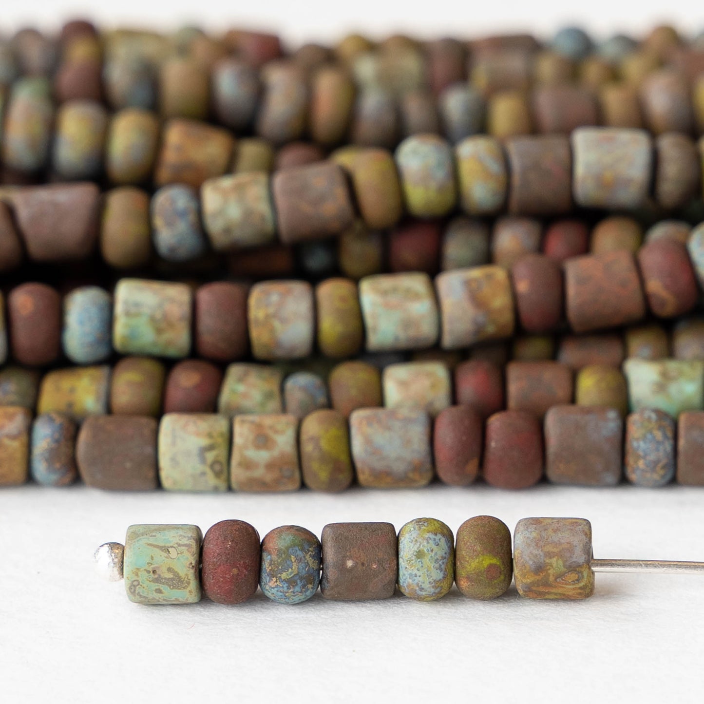 Size 6 Turquoise Aged Picasso Seed Beads with Tubes - 20 or 60"