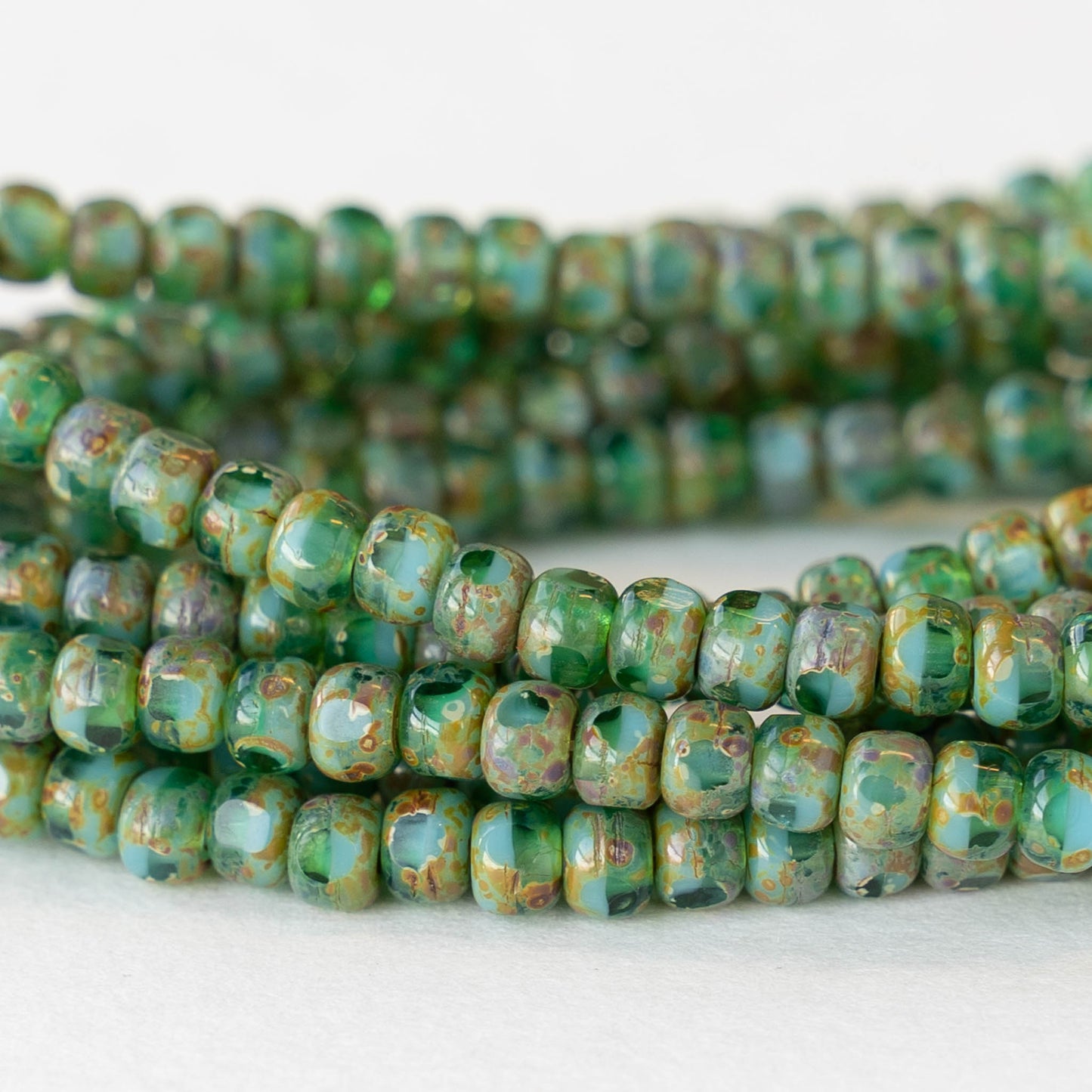 Size 6 - 3 Cut Seed Beads - Green Turquoise Picasso - 50 beads