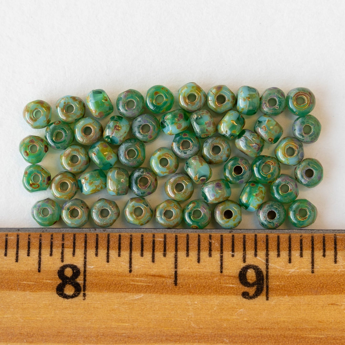 Size 6 - 3 Cut Seed Beads - Green Turquoise Picasso - 50 beads