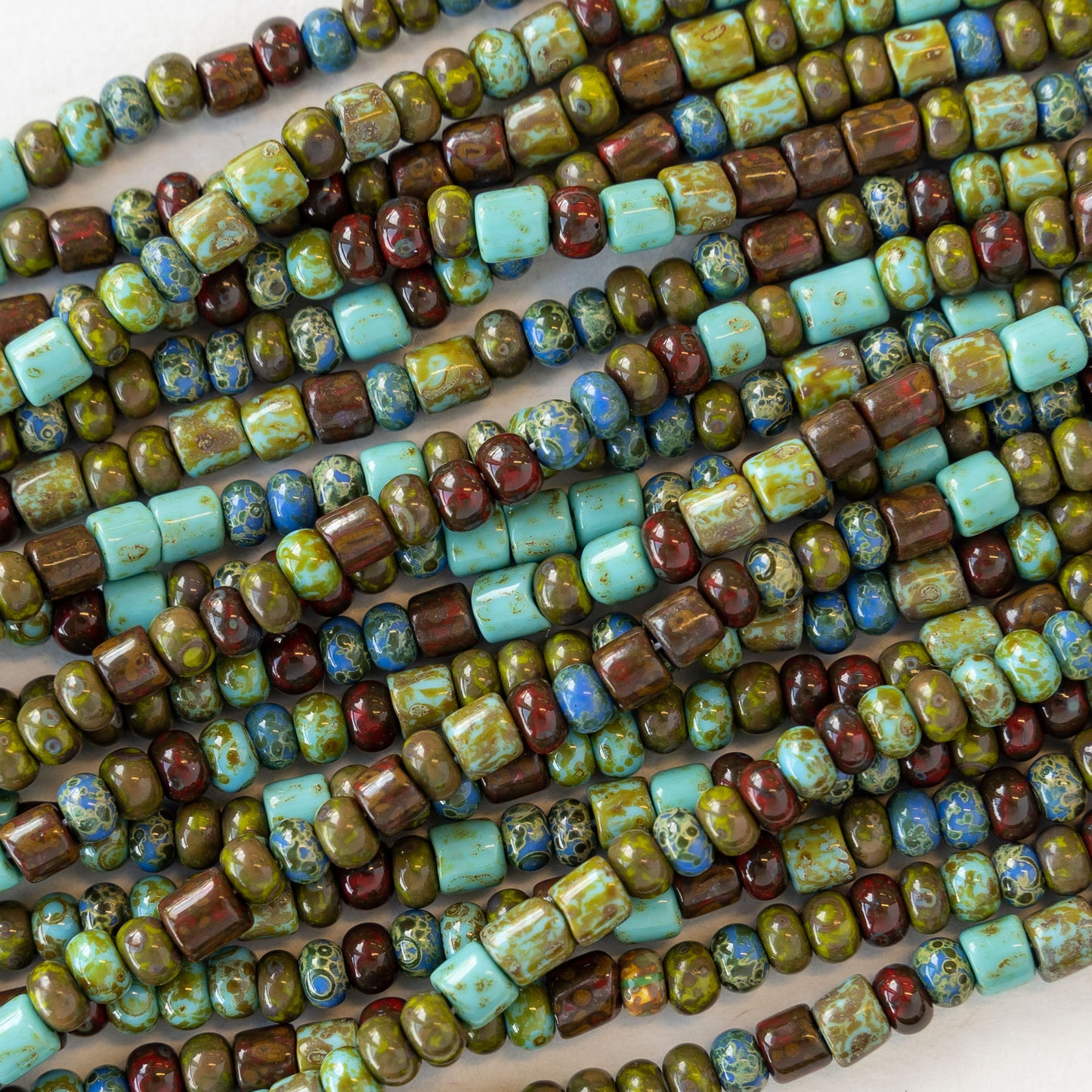 Size 6 Turquoise Aged Druid Picasso Seed Beads and Tubes - 20,40 or 60"