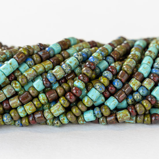 Size 6 Turquoise Aged Druid Picasso Seed Beads and Tubes - 20,40 or 60"