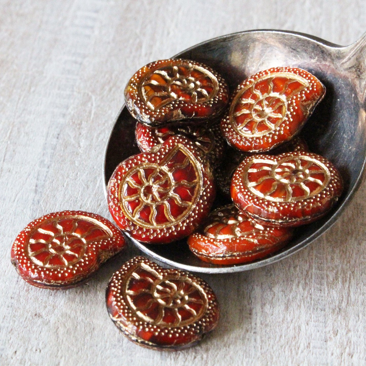 16x18mm Ammonite Bead - Opaque Red with Gold Wash -  6 Beads