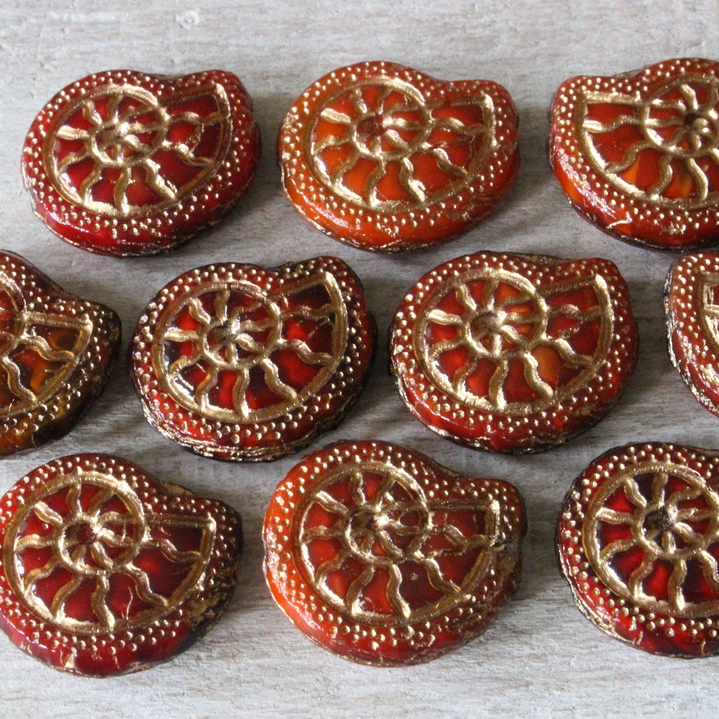 16x18mm Ammonite Bead - Opaque Red with Gold Wash -  6 Beads