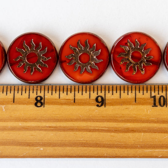 22mm Sun Coin Beads - Fiery Orange Red with Bronze - 1 Bead