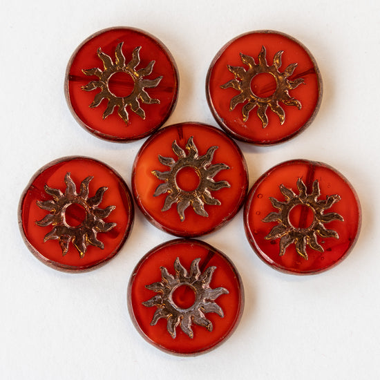 22mm Sun Coin Beads - Fiery Orange Red with Bronze - 1 Bead