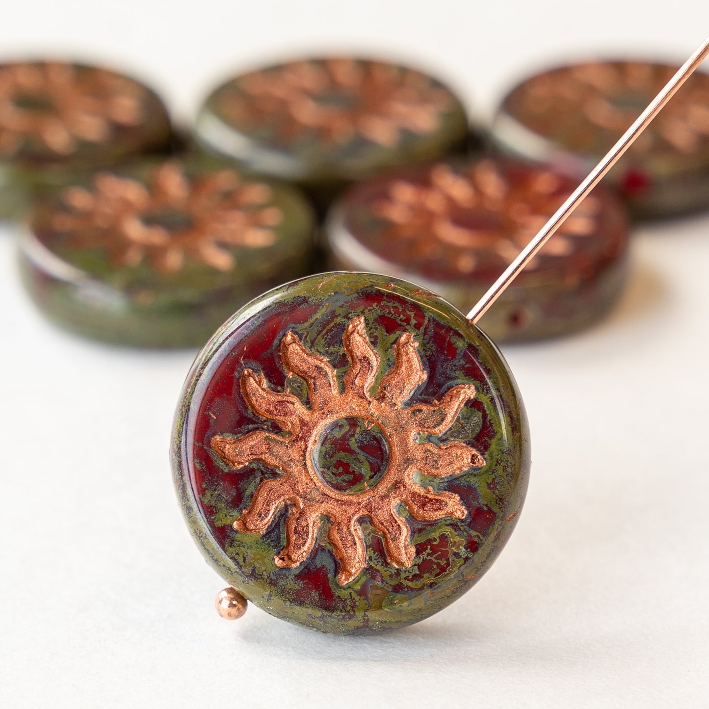 22mm Sun Coin Beads - Red with a Picasso Finish and  a Copper Wash - 1 Bead