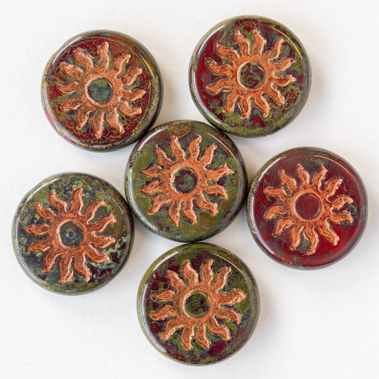 22mm Sun Coin Beads - Red with a Picasso Finish and  a Copper Wash - 1 Bead