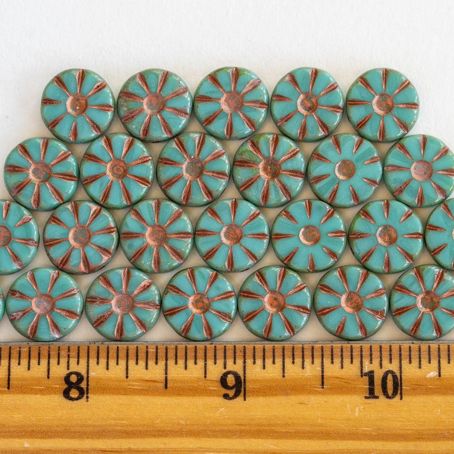12mm Table Cut Coin Beads - Turquoise With Copper Wash - 10 or 30 Beads