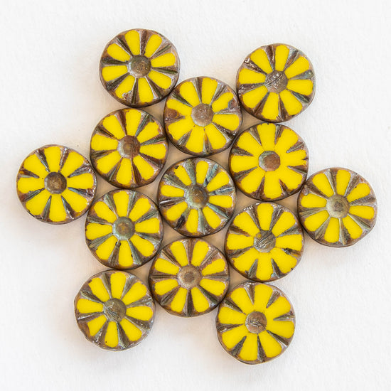 12mm Table Cut Coin Beads - Yellow with Picasso Finish - 10 or 30 Beads