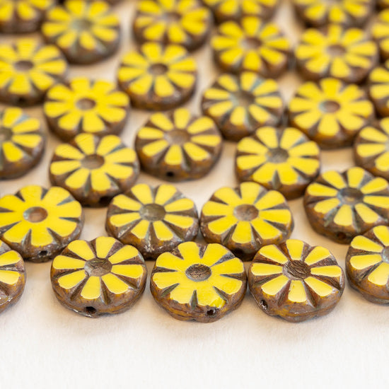 12mm Table Cut Coin Beads - Yellow with Picasso Finish - 10 or 30 Beads