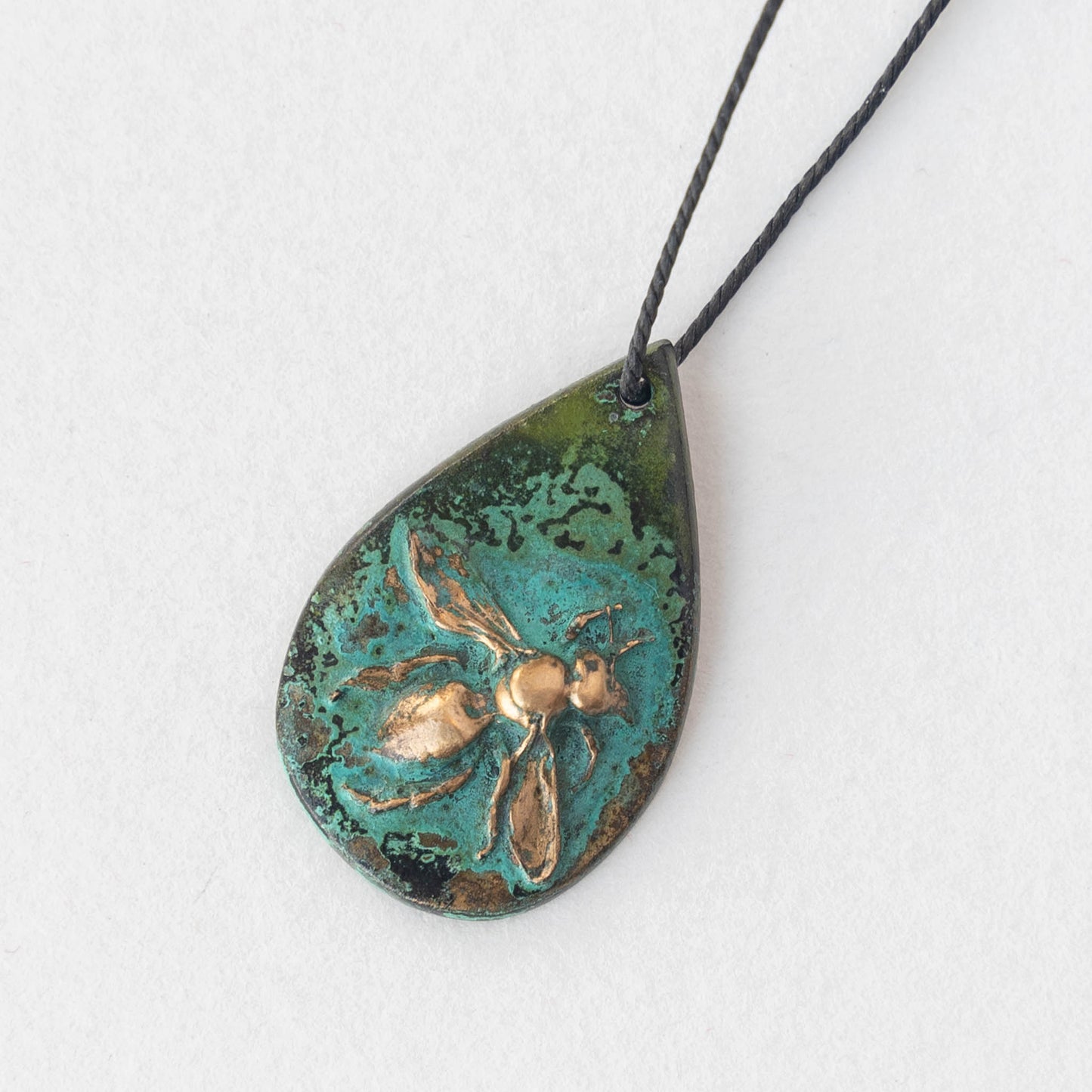 Load image into Gallery viewer, Bronze Honey BeeTeardrop Pendant with a Verde Gris Patina
