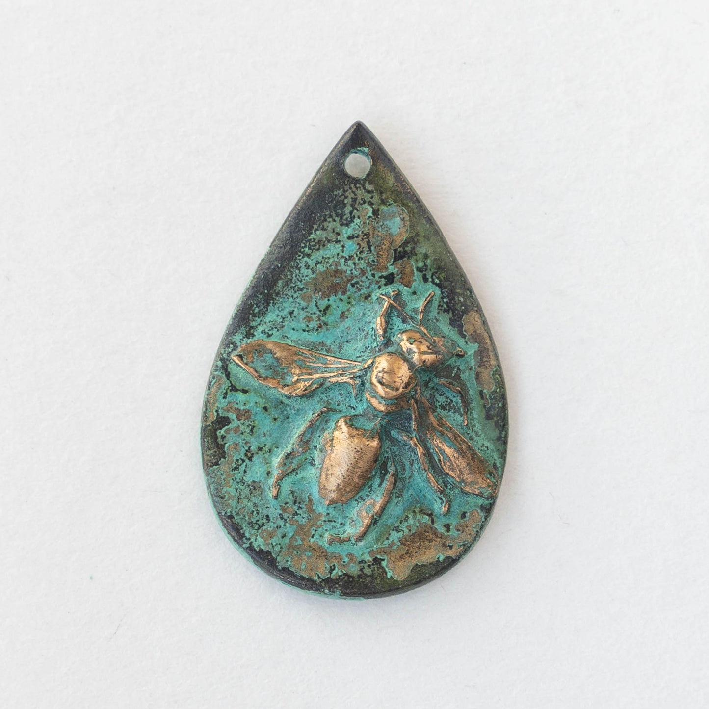 Load image into Gallery viewer, Bronze Honey BeeTeardrop Pendant with a Verde Gris Patina
