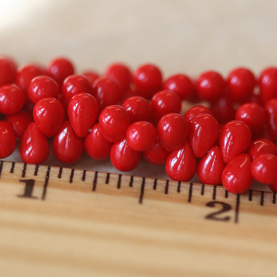 4x6mm Glass Teardrop Beads - Opaque Red - 100 Beads