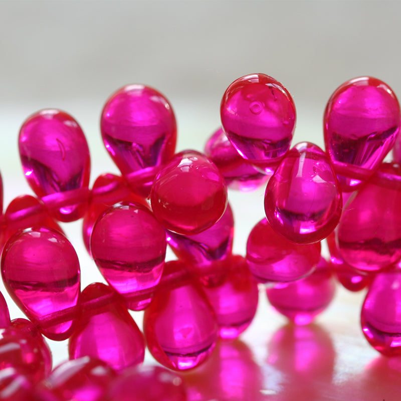 6x9mm Frosted Glass Teardrops - Hot Pink - 55 Beads