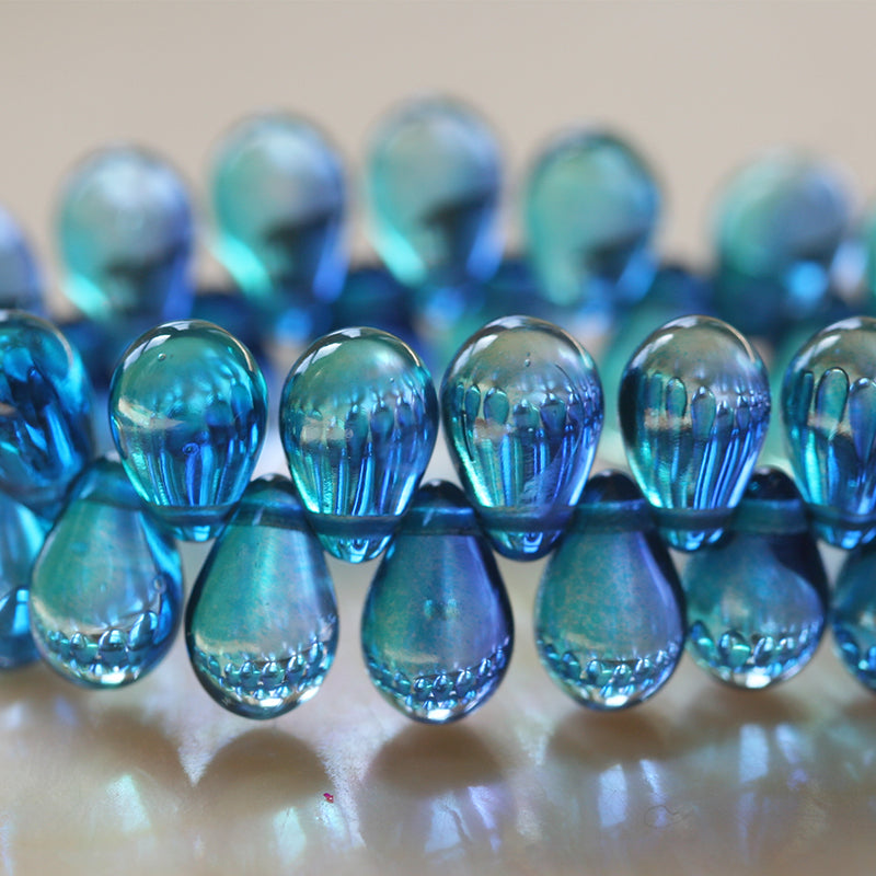 6x9mm Glass Teardrop Beads - Azure Blue - 60 Beads