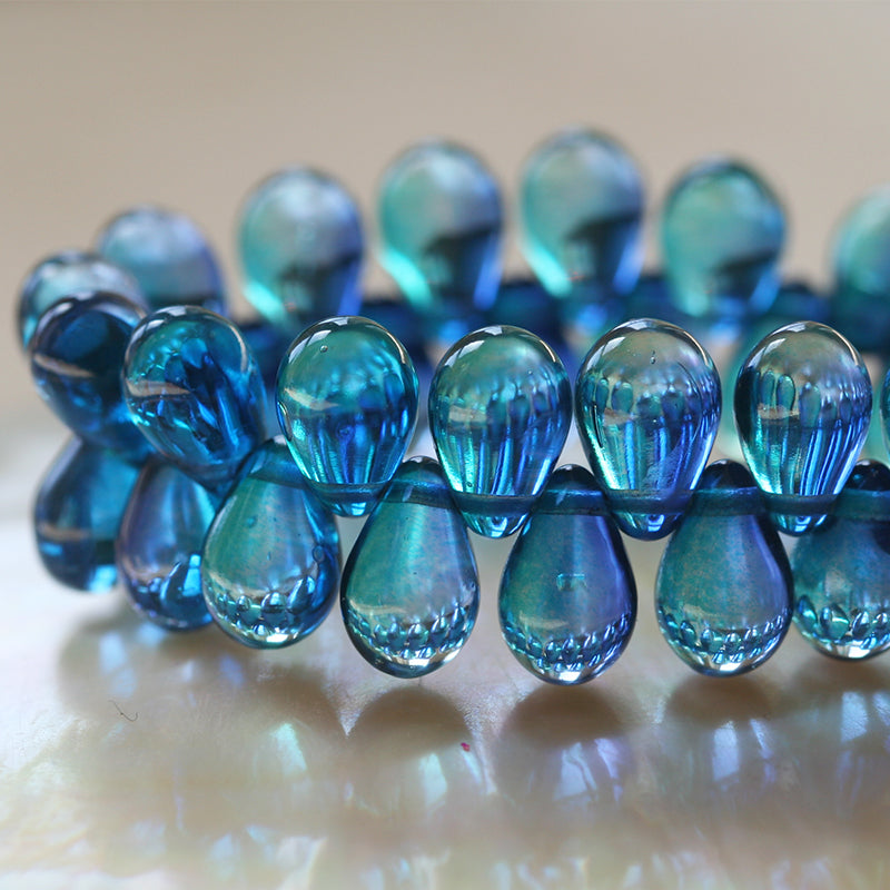 6x9mm Glass Teardrop Beads - Azure Blue - 60 Beads