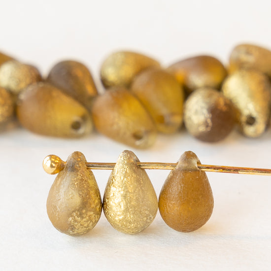 6x9mm Glass Teardrop Beads -  Amber with Etched and Gold Finish- 25 Beads