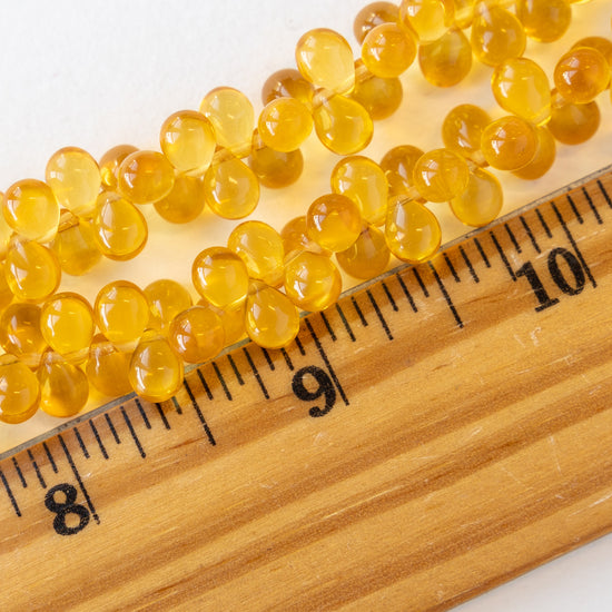 5x7mm Glass Teardrop Beads - Golden Yellow Amber - 45 Beads