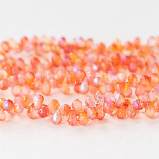 4x6mm Glass Teardrop Beads - Etched Peachy Orange AB - 50 beads
